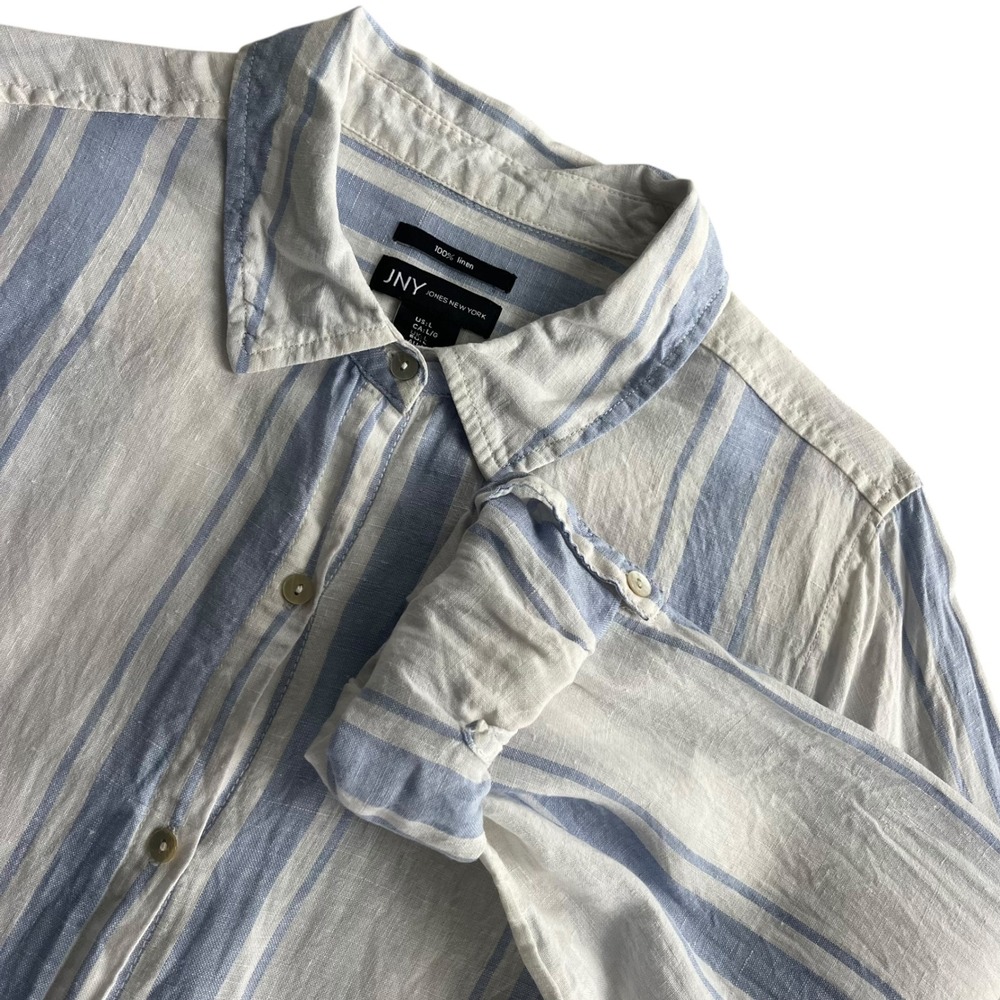 JNY Jones New York L Blue Cream Stripe Linen Roll Tab Sl Tunic Blouse Beach Boho
